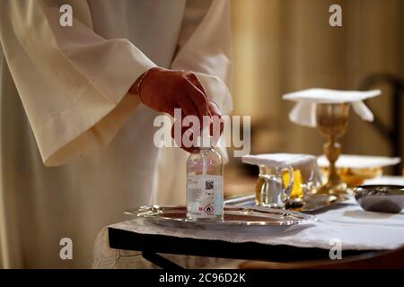 Basilica of Our Lady of Geneva.  The Eucharist table with the liturgical items.  Geneva. Switzerland. Stock Photo