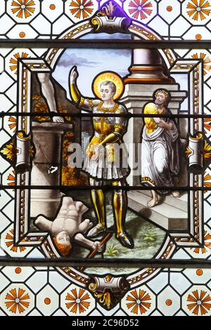 St George's church, Saint-Georges-du-Vièvre, Eure, France. Stained glass depicting the life of Saint George. Stock Photo