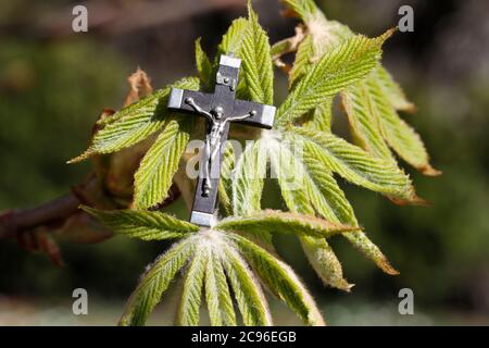 Springtime. Crucifix on a chestnud bud.  France. Stock Photo