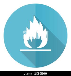 Flame vector icon, flat design blue round web button isolated on white background Stock Vector