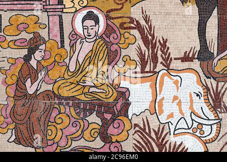 Ong Nui buddhist pagoda. Wall fresco.  The life of the Buddha.  Quy Nhon. Vietnam. Stock Photo