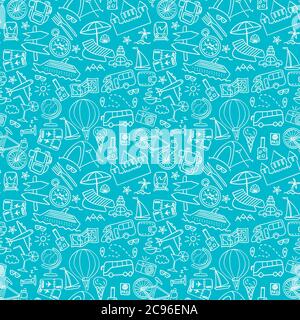 Hand drawn travel seamless pattern. Summer vacation doodles on blue background. Vector illustration. Stock Vector