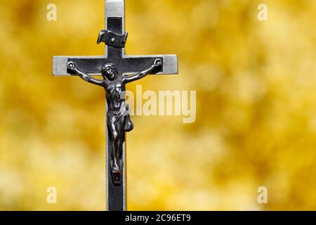 Broom in bloom in spring. Crucifix on yellow background. France. Stock Photo