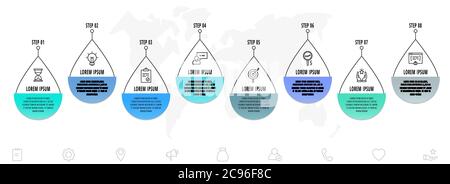 Vector infographics drop with 8 steps. Line flat template. Used for diagram, business, banner, workflow layout, flowchart, info graph, timeline, level Stock Vector