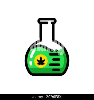 Cartoon flask with CBD, with a picture of cannabis leaf on it, medical Stock Vector