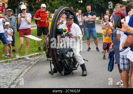 Vintage Monowheel Riding exhibition at historic car meet, free entry to public, no photo restriction Stock Photo