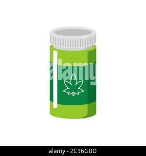 Green jar of pills with cannabis leaf on it, isolated vector Stock Vector