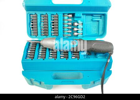 box with a set of screwdriver bits for a screwdriver Stock Photo