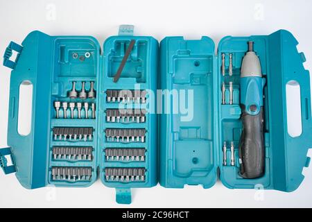 box with a set of screwdriver bits for a screwdriver Stock Photo