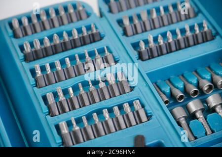box with a set of screwdriver bits for a screwdriver Stock Photo