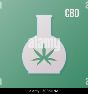 CBD logo, white flask with a cannabis leaf, green background Stock Vector