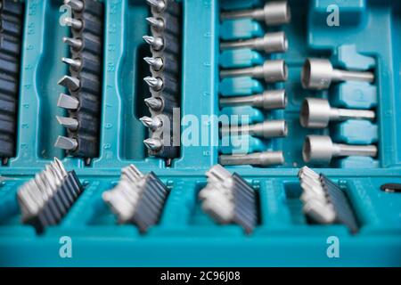 box with a set of screwdriver bits for a screwdriver Stock Photo