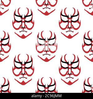 Vector Japanese drama Kabuki face seamless pattern background. Red and black theatre masks on white backdrop. Hand drawn stylised aragoto geometric Stock Vector
