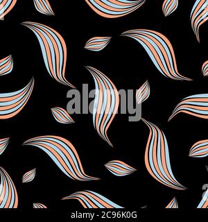 Linocut style leaves botanical seamless vector pattern background. Scattered blue and pink foliage on black backdrop. Hand drawn modern illustration Stock Vector