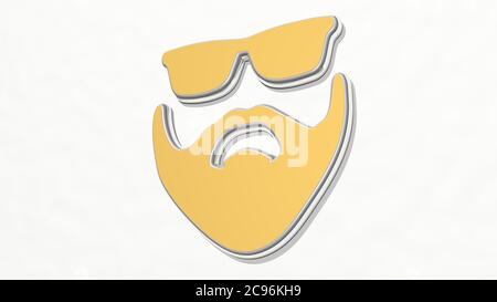 man with beard and sunglasses made by 3D illustration of a shiny metallic sculpture on a wall with light background. adult and bearded Stock Photo