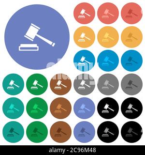 Auction hammer multi colored flat icons on round backgrounds. Included white, light and dark icon variations for hover and active status effects, and Stock Vector