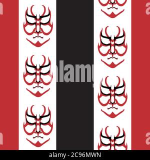Vector Japanese drama Kabuki face striped seamless pattern background. Red and black theatre masks and stripes backdrop. Hand drawn stylised aragoto Stock Vector