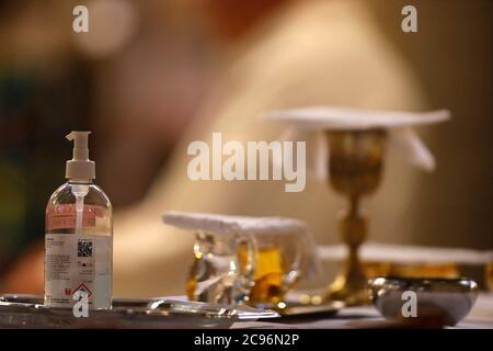 Basilica of Our Lady of Geneva.  The Eucharist table with the liturgical items.  Geneva. Switzerland. Stock Photo