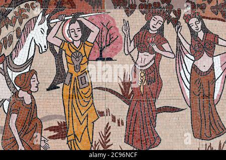 Ong Nui buddhist pagoda. Wall fresco.  The life of the Buddha.  Prince Siddhartha cut off his hair to renounce the worldly life . Quy Nhon. Vietnam. Stock Photo