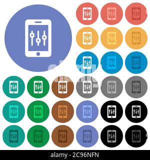 Smartphone tweaking multi colored flat icons on round backgrounds. Included white, light and dark icon variations for hover and active status effects, Stock Vector