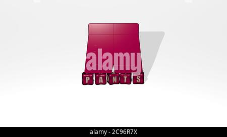 3D representation of pants with icon on the wall and text arranged by metallic cubic letters on a mirror floor for concept meaning and slideshow presentation. background and white Stock Photo