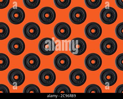 Seamless texture dumbbell sport health vintage decorative background, repeat tiles, round design template. Sample circles. Stock Photo