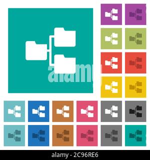 Shared folders multi colored flat icons on plain square backgrounds. Included white and darker icon variations for hover or active effects. Stock Vector