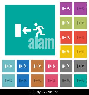 Exit sign multi colored flat icons on plain square backgrounds. Included white and darker icon variations for hover or active effects. Stock Vector