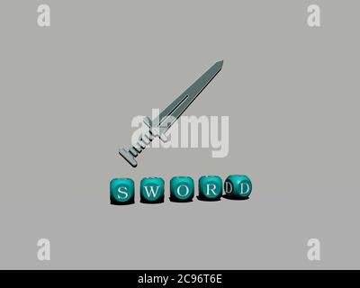 3D graphical image of SWORD vertically along with text built by metallic cubic letters from the top perspective, excellent for the concept presentation and slideshows. illustration and background Stock Photo