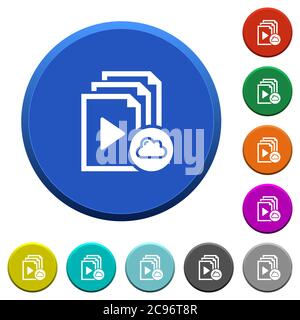 Cloud playlist round color beveled buttons with smooth surfaces and flat white icons Stock Vector