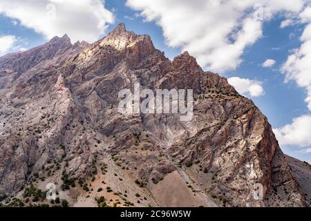 The beautiful view of blue sky and snow mountain summit near to Alaudin lake in Fann mountains in Tajikistan