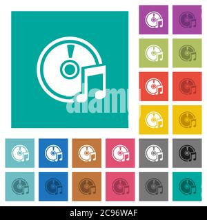 Audio CD multi colored flat icons on plain square backgrounds. Included white and darker icon variations for hover or active effects. Stock Vector