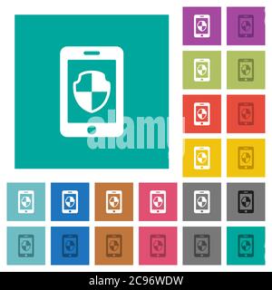 Smartphone protection multi colored flat icons on plain square backgrounds. Included white and darker icon variations for hover or active effects. Stock Vector