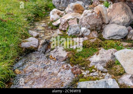 The small cute stream flows between green moss and stones in Fann mountains in Tajikistan Stock Photo