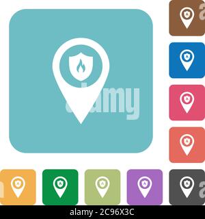 Fire station GPS map location white flat icons on color rounded square backgrounds Stock Vector