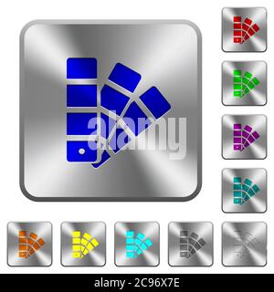 Color swatch engraved icons on rounded square glossy steel buttons Stock Vector