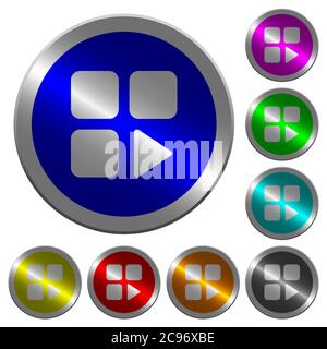 Component play icons on round luminous coin-like color steel buttons Stock Vector