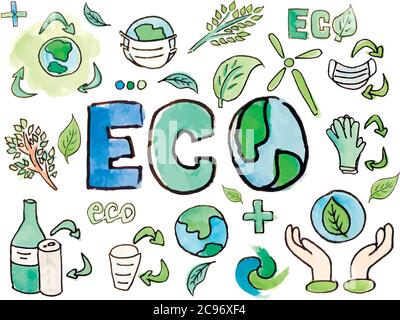 Watercolor hand painted ecology recycling waste icons and lettering set isolated on white background. Planet in the mask vector set. Stock Vector