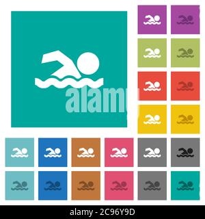 Swimming man multi colored flat icons on plain square backgrounds. Included white and darker icon variations for hover or active effects. Stock Vector