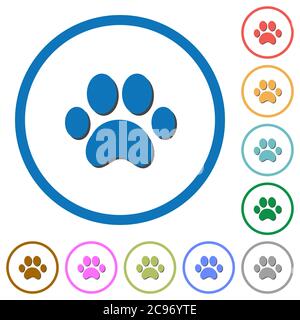 Paw prints flat color vector icons with shadows in round outlines on white background Stock Vector