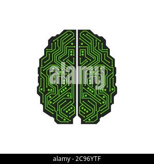 Green on black microcircuit in the shape of human brain Stock Vector