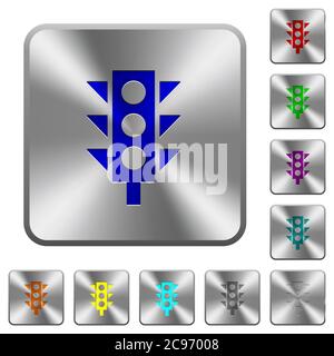 Traffic light engraved icons on rounded square glossy steel buttons Stock Vector