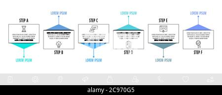 Thin line infographic template with 6 steps, labels. Modern business concept infographics with circles for diagram, workflow layout, presentations Stock Vector