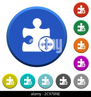 Move plugin round color beveled buttons with smooth surfaces and flat white icons Stock Vector