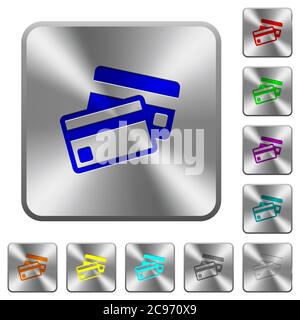 Credit cards engraved icons on rounded square glossy steel buttons Stock Vector