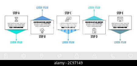 Thin line infographic template with 5 steps, labels. Modern business concept infographics with circles for diagram, workflow layout, presentations Stock Vector