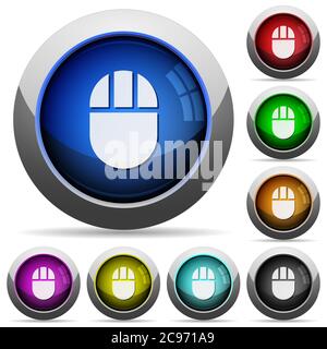 Three buttoned computer mouse icons in round glossy buttons with steel frames Stock Vector