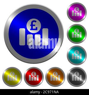 Pound financial graph icons on round luminous coin-like color steel buttons Stock Vector