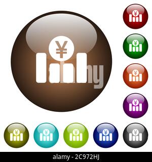 Yen financial graph white icons on round color glass buttons Stock Vector