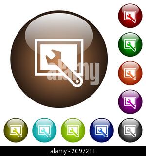 Screen settings white icons on round color glass buttons Stock Vector